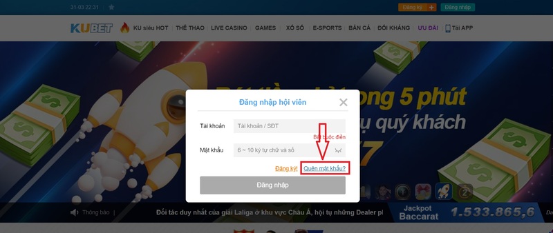 Click vào “quên mật khẩu” tại KUBET